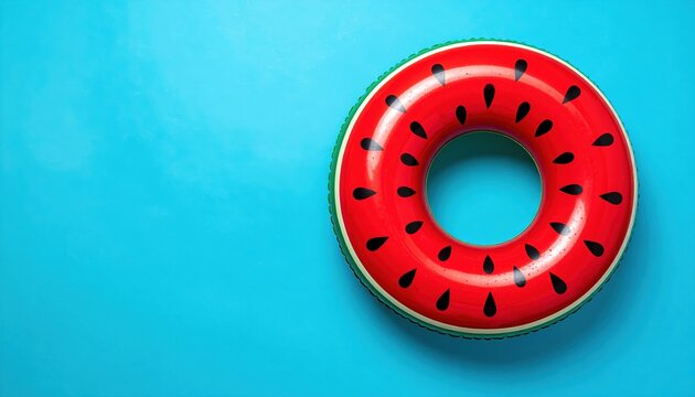 Inflatable watermelon pool float ring, clean bright blue background, summer vacation and swimming concept