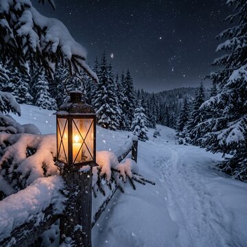 Illuminated vintage lantern on a wooden fence post in winter snow