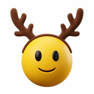 Yellow smiley face wearing festive brown deer antlers for winter holiday celebration themes cheerful expression representing joy and spirit of seasonal cheer during merry celebrations throughout
