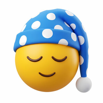 Yellow sleeping face emoji wearing a blue nightcap with white polka dots showing a peaceful expression for social media messaging and expressing tiredness or the need for rest during the