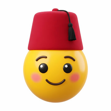 A round yellow face wearing a traditional crimson felt hat with a black tassel topper conveying a joyful expression and rosy cheeks representing cultural heritage and festive celebration of