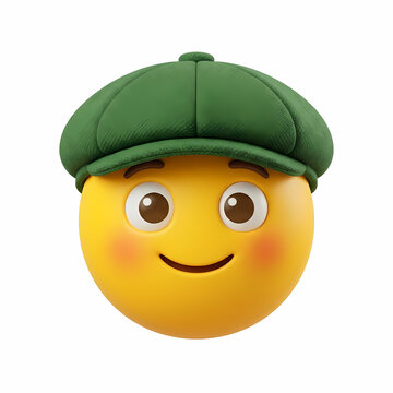 Happy Yellow Character Wearing A Classic Green Flat Cap Accessory For Casual Style Expressions Representing Friendly Emotions And Human Gestures Within A Digital Environment For Creative Social