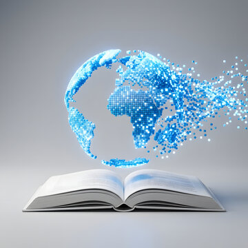 Glowing blue pixelated globe emerging from open book representing digital knowledge education and global data connectivity