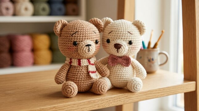 Handmade Knitted Teddy Bears Sitting on Wooden Shelf Near Window.