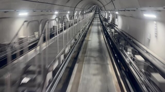 Driverless Train Ride Through Subway Tunnel &ndash; Front View During Fast Travel