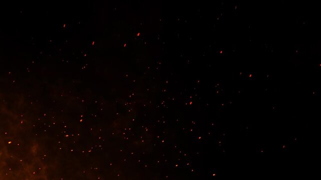 Fire line burning slowly with smoke and embers, cinematic motion, orange cloud smoke fire sparks rising up, flying ash flakes and bonfire flames, cinematic 4K overlay animation.