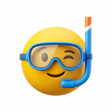 Yellow smiley face wearing a blue diving mask and snorkel gear ready for an underwater ocean adventure representing a joyful summer vacation travel theme for holiday communication and social