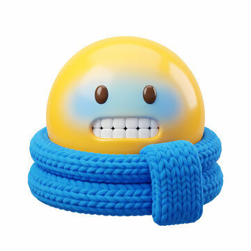 A shivering yellow smiley face wrapped in a thick blue knitted wool scarf expressing extreme cold feelings during winter weather seasons as a funny symbolic representation of freezing winter