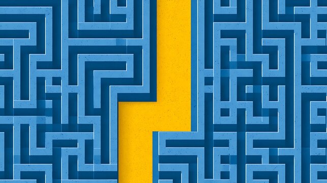 A bright yellow path cuts cleanly through complex blue maze walls under bright studio lighting. Perfect concept illustration for business strategy and problem solving.