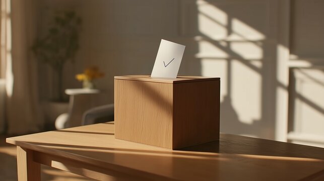 Sunlit wooden ballot box with checked voting paper on table