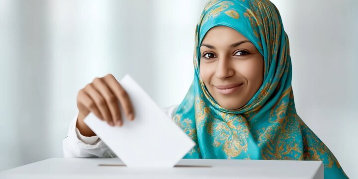 Woman wearing hijab casting ballot into election box