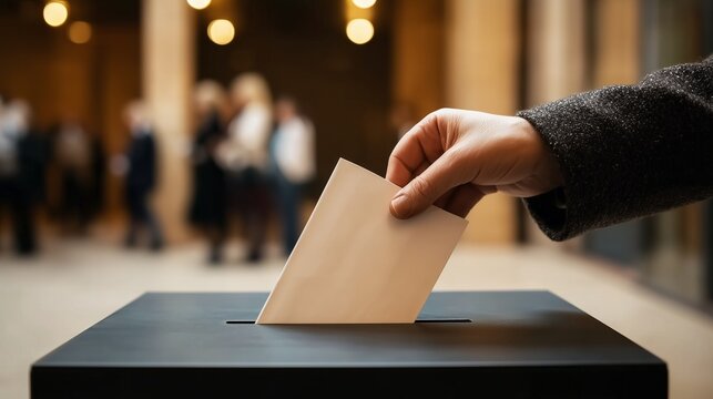 Hand casting a paper ballot into a voting box at a polling place