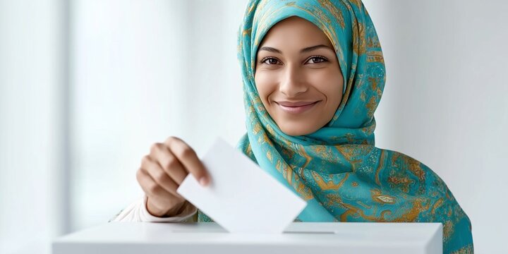 Smiling woman in hijab casting paper ballot into voting box