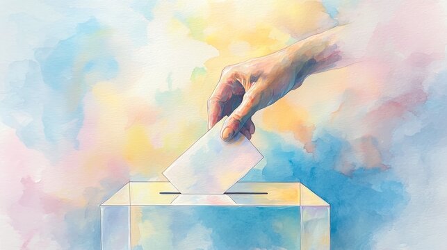 Watercolor Hand Casting a Ballot into a Transparent Ballot Box