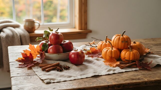 Autumn harvest display with pumpkins red apples and cinnamon on rustic table