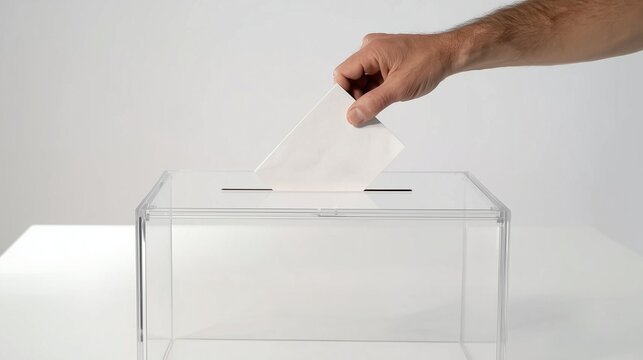 Hand placing a paper ballot into a transparent ballot box