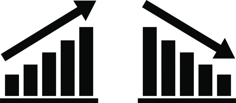 Two bar charts showing opposite trends with one graph increasing and the other graph decreasing in a simple style