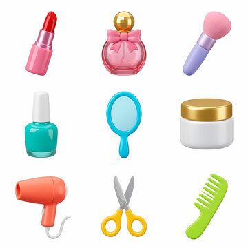 A collection of various beauty items featuring lipstick perfume fragrance applicator powder brush nail polish hand mirror cream jar hair dryer styling scissors and a colorful plastic hair
