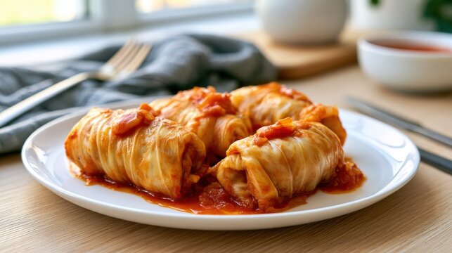 Crispy cabbage rolls sit on a white plate