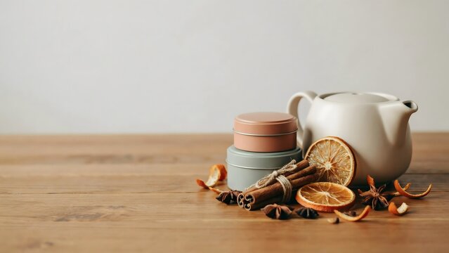 Ceramic teapot and tea tins on wooden table - Ideal for autumn tea tasting promo, beverage gift box ads, or product mockups.