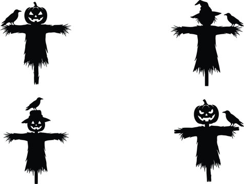 Set of four hand drawn black silhouettes of spooky scarecrows with pumpkins and crows for halloween holiday graphic design