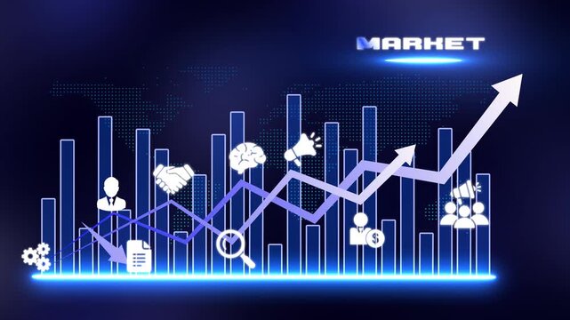 Market Growth and Business Analytics with Rising Graph, Target and Data Visualization &mdash; Finance, Trade and Investment Concept