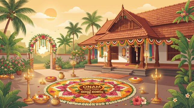 Traditional Kerala village home background with Onam pookkalam flower rangoli celebration banner vector illustration