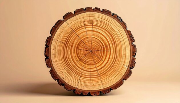 Natural cross-section of tree trunk showing detailed circular growth rings, clean beige background, forestry and nature photography