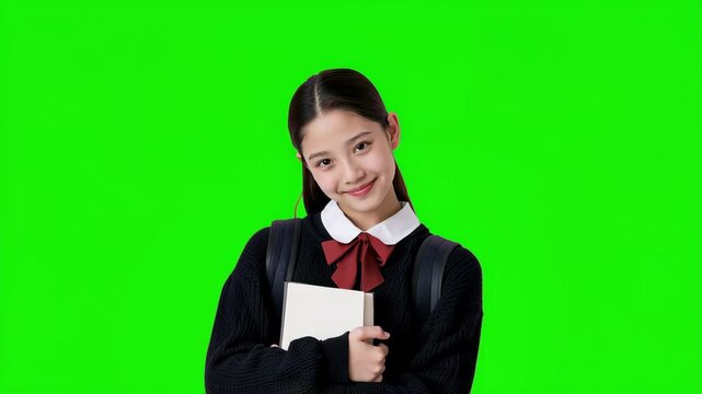 Happy schoolgirl smiling and raising her hand on green screen background, young student ready to answer a question for education, learning and classroom concepts