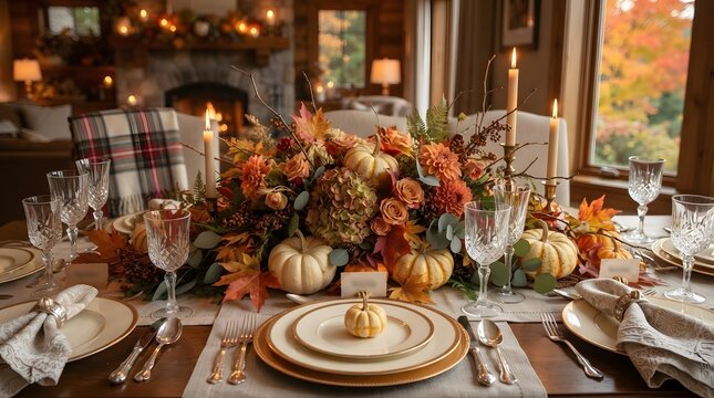 Elegant autumn dining table decorated with pumpkins and fall floral centerpiece