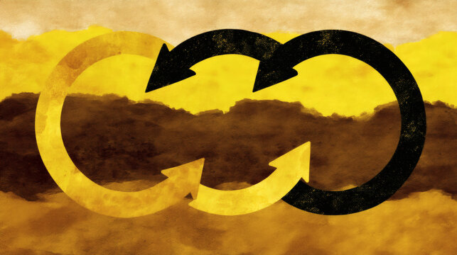 conceptual artwork of PDCA cycle. Four arrows arranged in circular motion labeled Plan, Do, Check, Act. Background features textured gradients of brown and beige. Symbolizes continuous improvement 