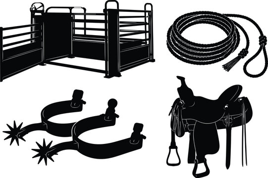 PrintProfessional solid black silhouette vector set of western ranch equipment including cattle squeeze chute, saddle, spurs, and lasso.