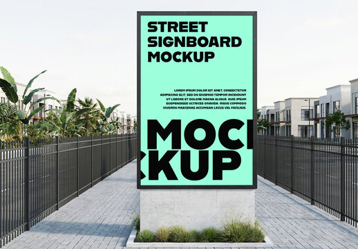Outdoor Street Signboard Mockup on Residential Walkway