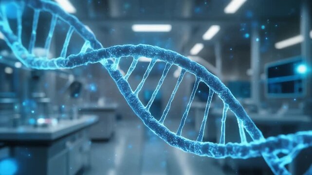 Glowing blue DNA strand rotating in a modern science laboratory