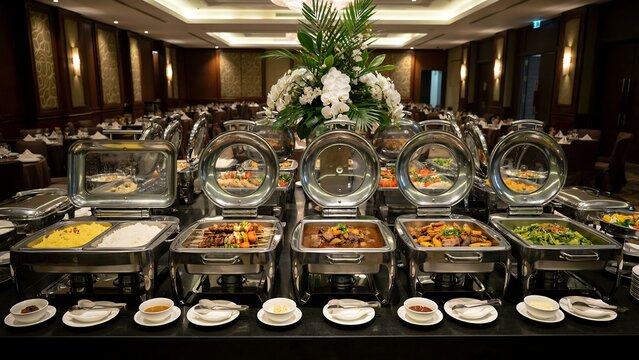 Buffet Table With Variety Of Hot And Cold Dishes In Elegant Restaurant Setting