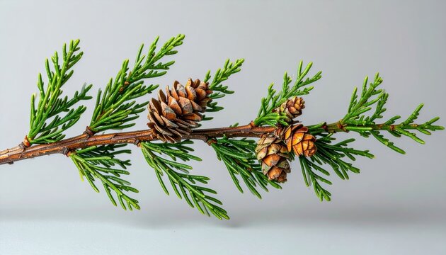 Green cedar twig with small natural cones, clean pale gray background, botanical and winter decoration concept