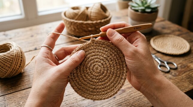 Hands weaving a traditional coiled basket with natural fibers on wooden table.