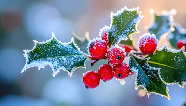 Frosted holly leaves with bright red berries covered in delicate snow and ice crystals