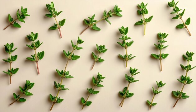 Fresh thyme sprigs with tiny aromatic leaves, clean neutral background, cooking herb photography