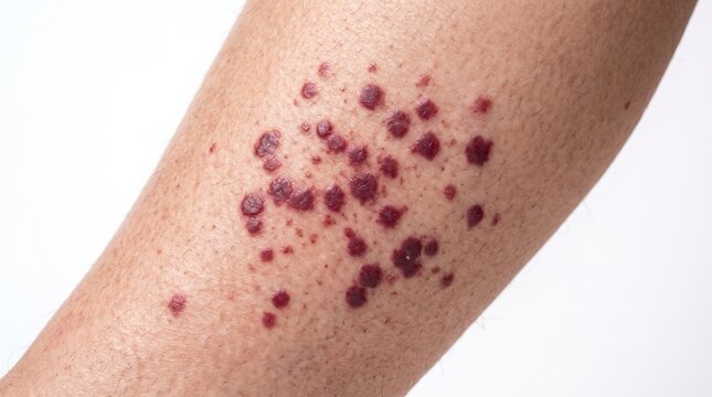 Close Up of Purpura Rash and Petechiae Spots on Human Leg Vasculitis Symptom