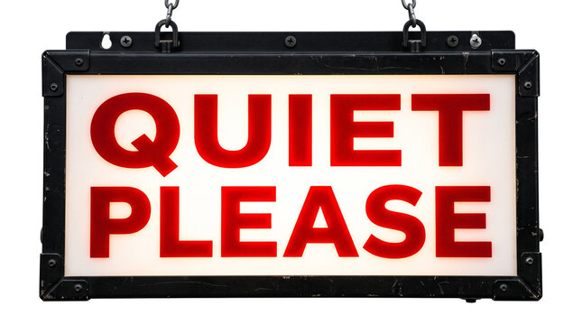 Illuminated Quiet Please Sign with Red Text and Black Metal Frame Isolated on Transparent Background