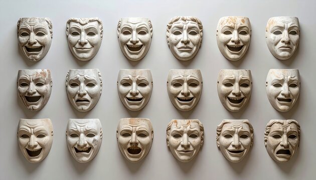 Classical stone theater masks representing comedy and tragedy, clean neutral background, drama and performing arts concept