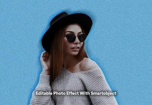 Blue Halftone Photo Effect Template with Vintage Print Texture