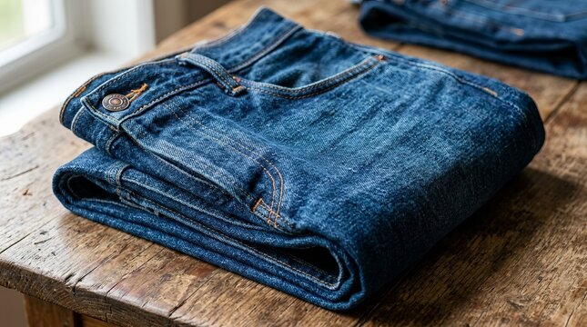 Stack of folded blue denim jeans on wooden surface in natural light.