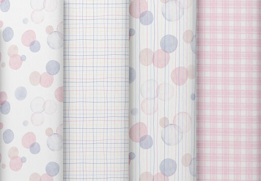 Editable seamless repeating watercolor pattern set with airy pastel stripes, hand painted circles and bubble motifs for stationery, packaging, fabric, wallpaper and modern design