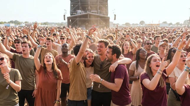Crowd at an open air concert with raised arms on a bright summer afternoon
