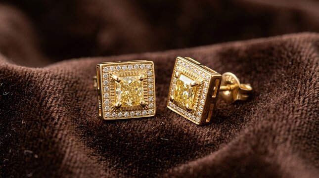 Elegant gold cufflinks with intricate square design on velvet fabric.