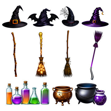 Witchcraft Halloween collection with magic hats, flying brooms, potion bottles and cauldrons. Spooky wizard accessories set on white background.