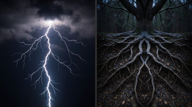 A striking visual comparison showing the fascinating resemblance between a powerful lightning bolt and a network of tree roots