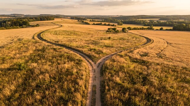 Golden hour aerial landscape a winding dirt road splits into two distinct paths across an agricultural field, symbolizing life's choices, new directions, and paths forward